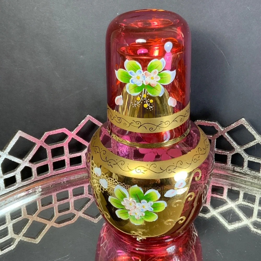 Czech Cranberry Tumble Up Bohemia Gold Guilt Applied Flowers Water Set #N1 - Picture 4 of 9